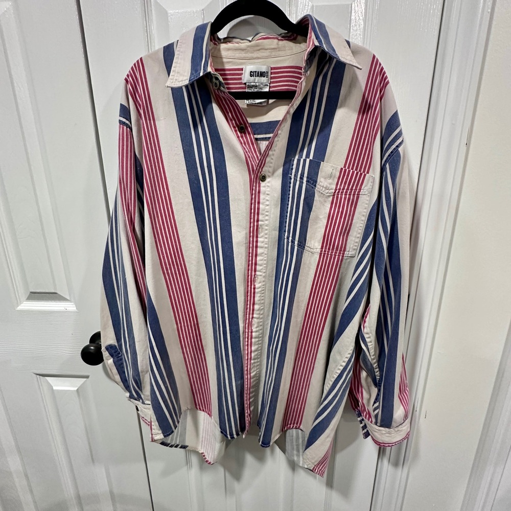 Gitano Mens XL Vintage 90s Striped Button Down Shirt Red Blue White Cotton Twill